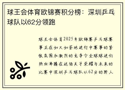 球王会体育欧锦赛积分榜：深圳乒乓球队以62分领跑