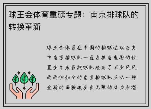 球王会体育重磅专题：南京排球队的转换革新
